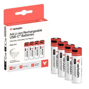 AA Verbatim AA USB-C baterije (4 kom) 2100 mAh, s USB-C kabelom
