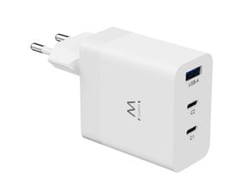 Ewent Zidni punjač Ewent EW1323, GaN, 65W, 2x USB-C, 1x USB-A QC 3.0, bijeli