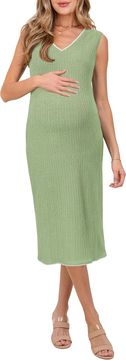 Nikcorp Elegantna midi haljina za trudnice i dojenje zelena s V-izrezom bez rukava bodycon elastična pletenina s kabel uzorkom prilagodljiva raste s trbuhom casual i elegantan stil za babinje veličina L