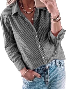 Nikcorp Ženska karirana košulja Casual V-Neck crno-bijela, veličina L, dugi rukav, V-izrez, zatvaranje s gumbima, smart casual stil, klasični uzorak kocki, prozračna tkanina, za posao i svaki dan