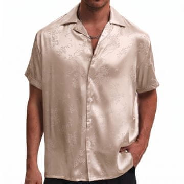 Nikcorp Muška satenska košulja s žakardnim cvjetnim uzorkom, kratki rukav, 100% poliester, regular fit, klasični ovratnik, lagana prozračna, elegantna svečana bež boja, za poslovne i svečane prilike, XXL