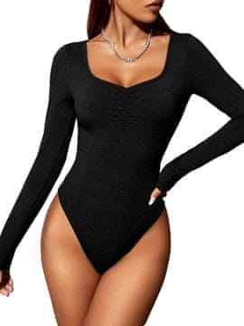 Nikcorp Ženski body s dugim rukavom, rebrasta pletenina, dekolte u obliku srca, pripijen slim fit kroj, elastičan, optičko vitkanje, za svakodnevno, poslovno i večernje nošenje, crni, veličina L