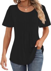 Nikcorp Elegantna ženska bluza s balonastim rukavima i naborima na prednjem dijelu, okrugli izrez (crew neck), kratki rukavi, opušten kroj, crna, veličina S, za posao i izlaske, uz farmerke i helanke