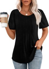 Nikcorp Elegantna ženska bluza s balonastim rukavima i naborima na prednjem dijelu, okrugli izrez (crew neck), kratki rukavi, opušten kroj, crna, veličina S, za posao i izlaske, uz farmerke i helanke