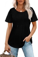 Nikcorp Elegantna ženska bluza s balonastim rukavima i naborima na prednjem dijelu, okrugli izrez (crew neck), kratki rukavi, opušten kroj, crna, veličina S, za posao i izlaske, uz farmerke i helanke