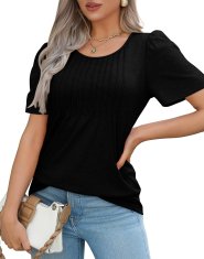 Nikcorp Elegantna ženska bluza s balonastim rukavima i naborima na prednjem dijelu, okrugli izrez (crew neck), kratki rukavi, opušten kroj, crna, veličina S, za posao i izlaske, uz farmerke i helanke