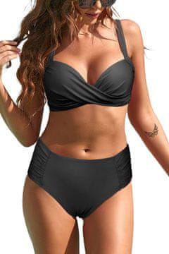 Nikcorp Dvodijelni ženski kupaći kostim bikini za oblikovanje figure s visokim strukom, ugrađenim kostima i vintage ukrštenim dekolteom, 100% akril, brzo sušenje, podesive naramenice, crni, veličina L