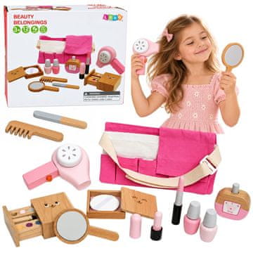 slomart LEAN TOYS Drveni set kozmetike za djecu, šminka, kozmetička torbica, 12 el.