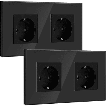Nikcorp Dvostruka zidna utičnica Schuko s uzemljenjem, kaljeno kristalno staklo, crna, 157 x 86 mm, 16 A, 2 kom, podžbukna kutija 60 mm, dubina min. 25 mm, ABS, otporna na vlagu, moderni dizajn