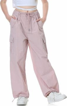 Nikcorp Dječje cargo hlače za djevojčice Parachute Y2K, opuštenog kroja wide leg, ružičaste, prozračna tkanina linen-feel, elastični pojas i podesive manšete, cargo džepovi, 140 cm (8-9 godina)