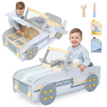 Mamabrum Veliki drveni automobil s interaktivnim kokpitom za djecu - stacionarna igračka, servisna zona s alatom, duljina 111,5 cm