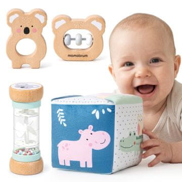 Mamabrum Senzorički set od 4 igračke s kišnom zvečkom i kockom - drvene koale, mekana tkanina, razvoj osjetila, za bebe od 6 mjeseci