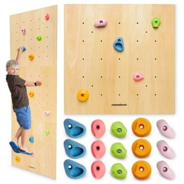 Mamabrum Drvena stijena za penjanje 225 x 75 x 2 cm za djecu - nosivost 100 kg, od 3 godine, 15 šarenih hvatišta promjenjivog položaja
