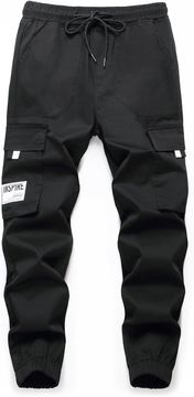 Nikcorp Dječje cargo hlače za tinejdžere crne s elastičnim strukom i podesivom vrpcom, ravni kroj, 4 džepa (2 cargo džepa na bedrima), prozračna tkanina otporna na trenje, veličina 146-152