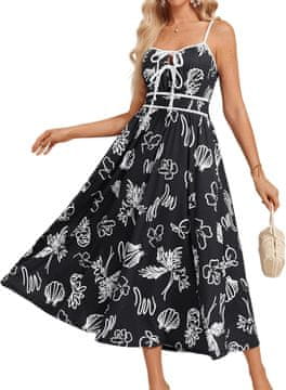Nikcorp Ženska maxi haljina ljetna prozračna cvjetna crno-bijela elegantna Boho stil A-linija V-izrez podesive tanke naramenice 95% poliester 5% elastan dva bočna džepa mašnice veličina L
