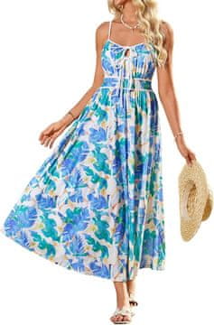 Nikcorp Ženska Maxi Haljina Boho Ljetna Prozračna Cvjetna A-line Elegantna Plava do gležnjeva V-izrez s podesivim naramenicama spaghetti džepovi 95% poliester 5% elastan Veličina L