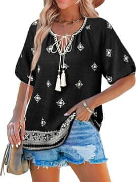 Nikcorp Ženska bluza Boho tunika s V-izrezom i vezicom, balon rukavi, prozračna lagana elegantna od viskoze i elastana, otporna na gužvanje, za plažu i odmor, crna, veličina L