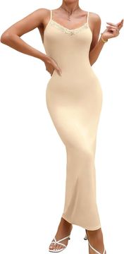 Nikcorp Ženska haljina tipa podsuknje s čipkom, bež, M, 95% pamuk 5% elastan, bodycon, V-izrez s čipkom, podesive tanke naramenice, bešavna, neprozirna, za ispod haljina i kućnu odjeću