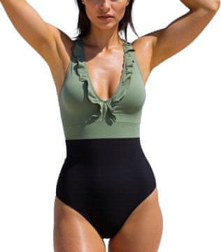 Nikcorp Ženski jednodijelni kupaći kostim monokini s efektom modeliranja trbuha Push-Up, visoki izrez, otvor na leđima, podesive ukrižene naramenice, izvadivi umetci, za plažu, crno-zeleni, veličina M