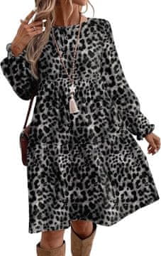 Nikcorp Ženska haljina tunika A-line s dugim rukavom, leopard print, ukrasni volan na dnu, kratka iznad koljena, casual za svakodnevni izlazak, tamnosiva boja, veličina S