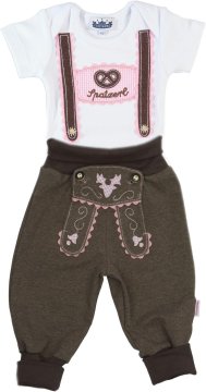 Nikcorp Dječji komplet za djevojčice bavarski stil body s kratkim rukavom i hlačice u stilu Lederhosen 100% pamuk aplikacija vrapčić i pretzel naramenice veličina 80 svakodnevna i svečana odjeća