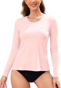 Nikcorp Ženska majica za plivanje Rash Guard s UV zaštitom UPF 50+ brzosušeća prozračna elastična dugi rukavi s otvorima za palčeve dva džepa za surfanje trčanje fitness planinarenje ružičasta XXL