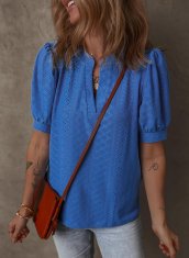 Nikcorp Elegantna ženska bluza s ažurnim uzorkom V-izrez bufasti kratki rukavi plava veličina S mekana prozračna tkanina opušteni kroj business casual stil za svakodnevno, uredsko i prigodno nošenje