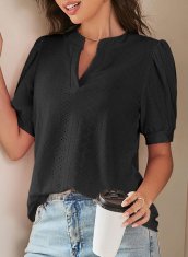 Nikcorp Elegantna ženska bluza s V-izrezom i prozračnim ukrasnim detaljima, kratki balon rukav, crna, veličina S, mekana prozračna tkanina, opušten kroj, za uredski posao, društvene susrete i svečanosti