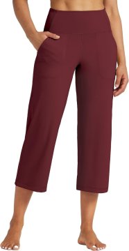 Nikcorp Ženske sportske tajice za jogu capri brzosušeće s visokim strukom bordo XL elastična 4-way stretch pletenina odvođenje vlage ravni šavovi 2 bočna džepa duljina nogavice 58 cm