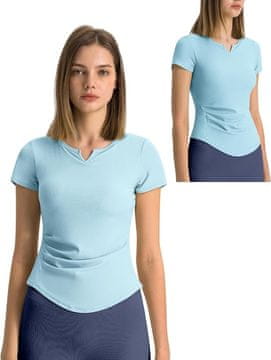 Nikcorp Ženska sportska majica top Slim-Fit s V-izrezom i uklonjivim jastučićima, prozračna brzosušeća tkanina od najlona i elastana, za fitness, trčanje, jogu i trening snage, plava, veličina L