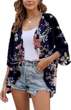Nikcorp Šifonski ženski kimono kardigan s cvjetnim uzorkom, lagan, opušten oversize kroj, rukav 3/4, tamnoplavi, veličina S, za plažu, ured i preko kupaćeg kostima, brzo se suši, otporan na gužvanje