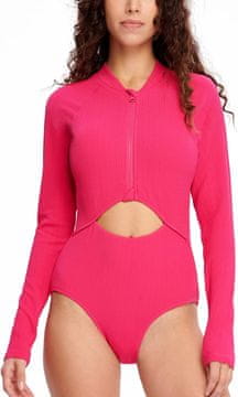 Nikcorp Ženski rashguard jednodijelni kupaći kostim s dugim rukavom UPF 50+ zaštita od sunca, ružičasti XL, uklonjive košarice, patentni zatvarač sprijeda, brzosušeći prozračan za plivanje i surfanje