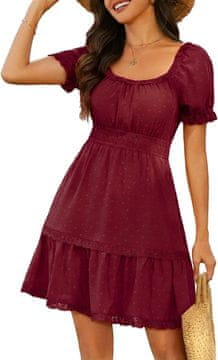 Nikcorp Ženska Mini Ljetna Haljina Boho Elegantna Bordo XXL s Izrezom Square Neck, Kratkim Bufastim Rukavima, Nabranim Strukom i Volanima, Prozračna Lagana Tkanina Swiss Dots s Džepovima