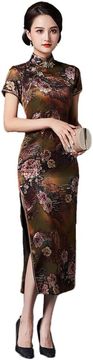 Nikcorp Tradicionalna kineska haljina Qipao Cheongsam midi duljina kratki rukav slim fit satenska smeđa 36 EU poliesterski satén ovratnik Mandarin vintage stil za vjenčanja, prijeme i svečane događaje