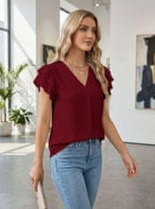 Nikcorp Elegantna ženska bluza od šifona s V-izrezom i volanima, kratki rukav, opušten kroj, 100% poliester, lagana prozračna tkanina, bordo boja, veličina L, ljetna bluza za posao i izlazak