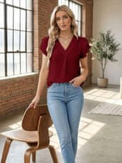 Nikcorp Elegantna ženska bluza od šifona s V-izrezom i volanima, kratki rukav, opušten kroj, 100% poliester, lagana prozračna tkanina, bordo boja, veličina L, ljetna bluza za posao i izlazak