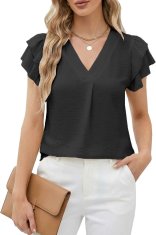 Nikcorp Elegantna ženska bluza crna s V-izrezom i ukrasnim volanima 100% poliester elastična prozračna kratki rukav veličina L business casual smart casual za ured i večernji izlazak proljeće ljeto