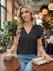 Nikcorp Elegantna ženska bluza crna s V-izrezom i ukrasnim volanima 100% poliester elastična prozračna kratki rukav veličina L business casual smart casual za ured i večernji izlazak proljeće ljeto