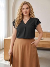 Nikcorp Elegantna ženska bluza crna s V-izrezom i ukrasnim volanima 100% poliester elastična prozračna kratki rukav veličina L business casual smart casual za ured i večernji izlazak proljeće ljeto