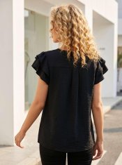 Nikcorp Elegantna ženska bluza crna s V-izrezom i ukrasnim volanima 100% poliester elastična prozračna kratki rukav veličina L business casual smart casual za ured i večernji izlazak proljeće ljeto