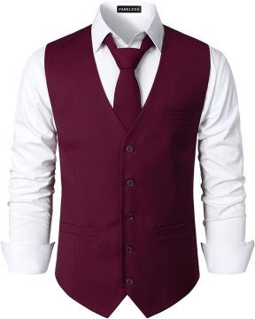 Nikcorp Muški elegantni prsluk za odijelo Slim Fit bordo 3XL, jednoredni s 5 gumba, V izrez, 3 funkcionalna džepa, podesivi remen na leđima, za vjenčanja, poslovne sastanke i nastupe