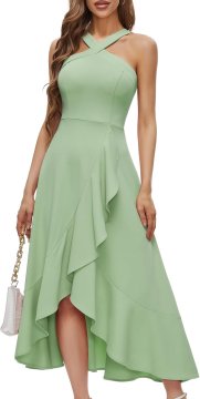 Nikcorp Večernja haljina Maxi A-line Halterneck elegantna zelena XXL za vjenčanje, bal, svečane prigode, 94% najlon 6% elastan, asimetričan donji dio, skriveni patentni zatvarač na leđima, elastična tkanina