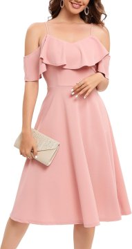Nikcorp Večernja koktel haljina midi s volanima off-shoulder ružičasta 3XL, A-line kroj, podesive naramenice, skriveni patentni zatvarač na leđima, 94% najlon 6% elastan, za vjenčanja i zabave