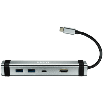 Canyon DS-3, višestruka priključna stanica s 4 priključka: 1x Tip C muški 1x Tip C ženski 2x USB 3.0 1x HDMI, ulaz 100-240V, izlaz USB-C PD 5-20V/3A i USB-A 5V/1A, kabel duljine 0,12 m, siva boja,