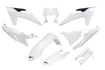 UFO 2024/11 PLASTIČNI SET (PUNI KOMPLET) S TELESKOPSKIM ŠTITNICAMA (AMORTIZERI) KTM EXC 150 / 250 / 300 TBI '24-'25, EXC-F 250 / 350 / 450 / 500 '24-'25 BOJA BIJELA