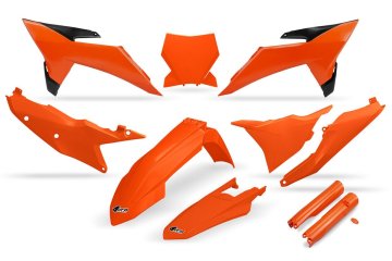UFO 2024/11 PLASTIČNI SET (PUNI KOMPLET) S TELESKOPSKIM (AMORTIZERSKIM) ZAŠTITNIM ŠTITNICIMA KTM SX 125 / 150 / 250 / 300 '25, SXF (SX-F) 250 / 350 / 450 '25 OEM BOJA (NARANČASTA)