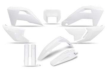 UFO 2025/11 PLASTIČNI SET (PUNI KOMPLET) S TELESKOPSKIM ŠTITNICAMA (AMORTIZERI) HUSQVARNA FE 250 / 350 / 450 / 501 '25-'26, TE 250 / 300 HERITAGE '25-'26 BOJA BIJELA