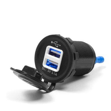 Biketec DVOSTRUKA USB UTIČNICA ZA MOTOCIKL S OSVJETLJENJEM, MONTAŽA NA RAVNU POVRŠINU (OKLOP, GORNJA KOTA) ILI NA UPRAVLJAČ - POTREBAN JE BTMUS28 ADAPTER