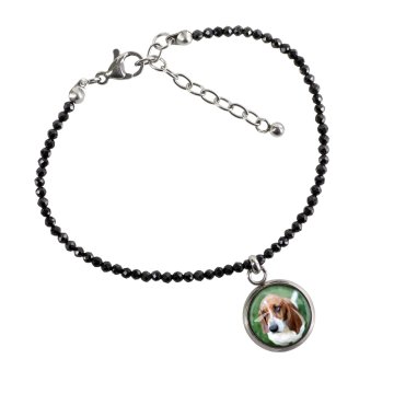 Basset Hound - Personalizowana bransoletka ze zdjęciem pupila - czarne spinele, stal chirurgiczna, regulowana długość, marki