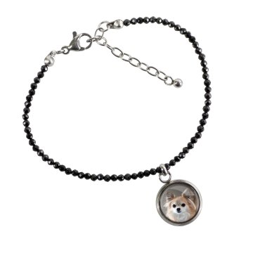 Chihuahua długowłosy - Personalizowana bransoletka ze zdjęciem pupila - czarne spinele, stal chirurgiczna, regulowana długość, marki